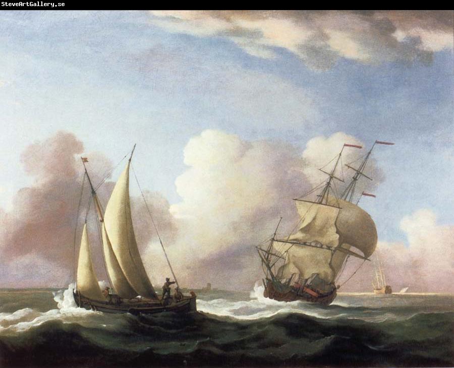 Monamy, Peter A Small Sailing boat and a merchantman at sea in a rising Wind